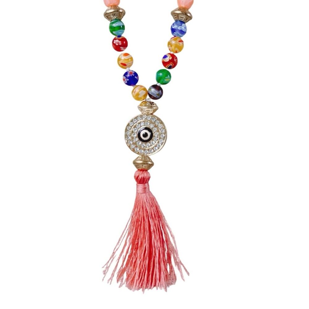 Boho Long Necklace Evil Eye Tassel Wood Coral Color Acrylic Bead Colorful 32–36"